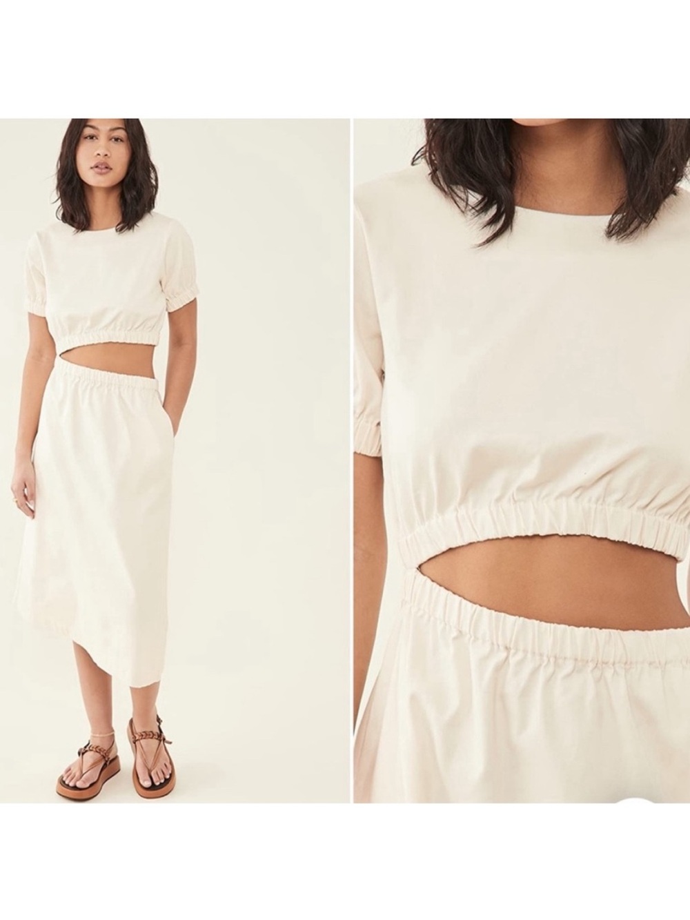 Line and Dot Cream Cut Out Asymmetrical Dress
